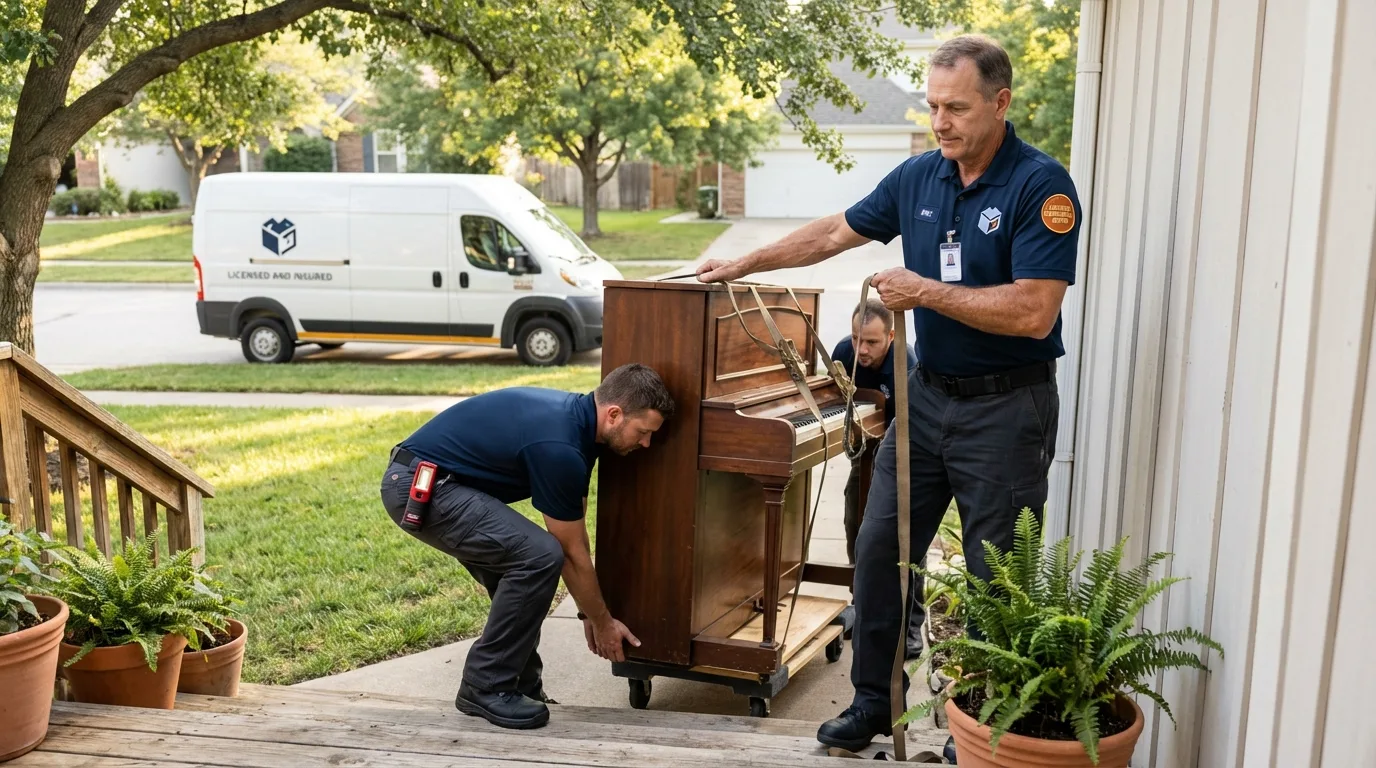 Licensed piano movers securing grand piano in Norfolk, NY