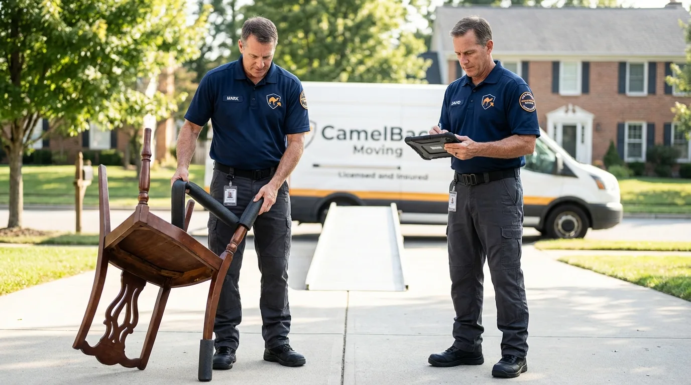 Movers inspecting furniture for damage prevention before loading in Norfolk, NY