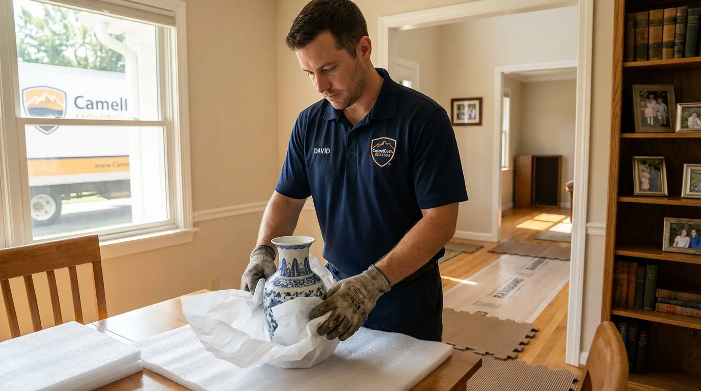 Professional crew carefully wrapping antique vase for senior downsizing move in Norfolk, NY